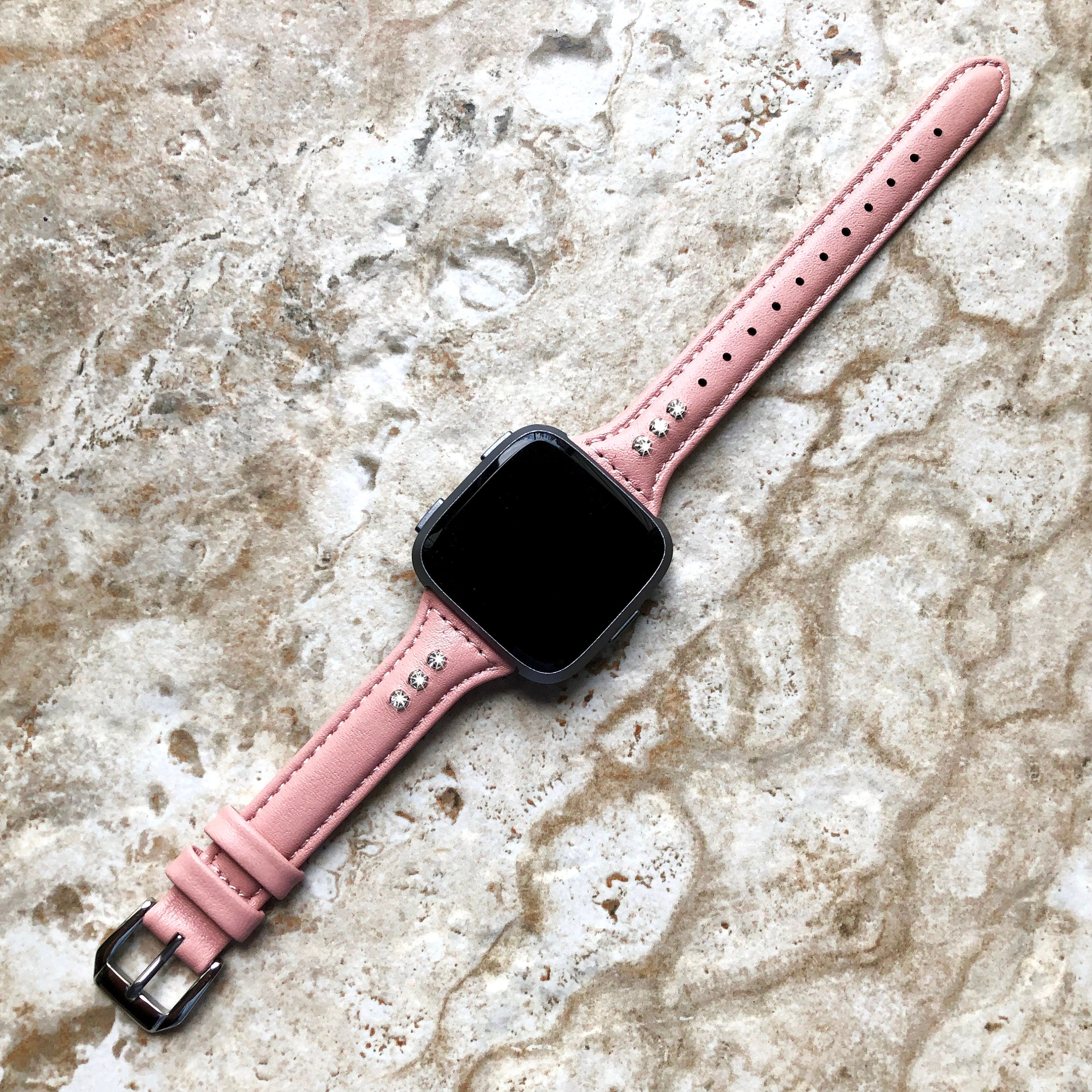 Fitbit Versa 2 3 4 Sense 2 Pink Leather Band with Sparking Crystals Slim Elegant Soft Straps Stitching Details Quick Release Pins Adapters